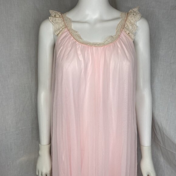 VTG PEIGNOIR SET ROBE GOWN INTIME DOUBLE CHIFFON NYLON Négligée Pink Cream Lace - Picture 13 of 16